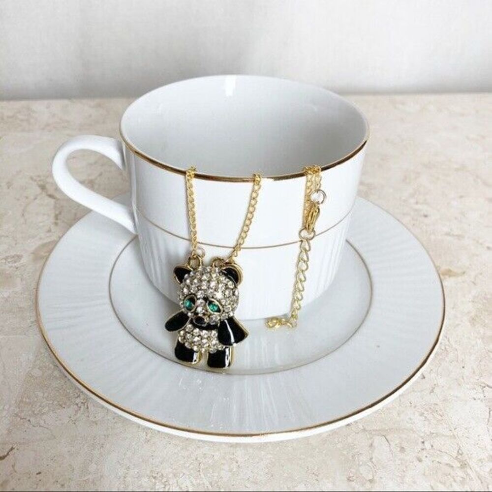 PANDA BEAR Pendant Necklace NEW Black White Rhinestone Green Eyes Gold Chain NWT - Picture 5 of 7